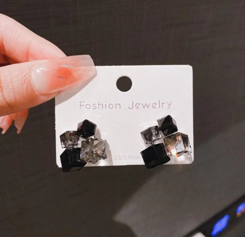 Silver Plated Cubic Crystal Earrings Black White